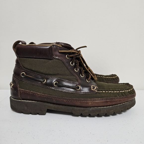 L.L. Bean Chukka Brown Leather Green Canvas Boots Men\'s SZ 8.5D #D296499 EUC